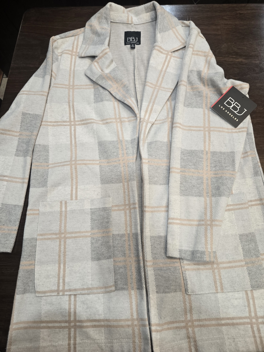Plaid Open-Front Coatigan in Light Gray & Beige Size S